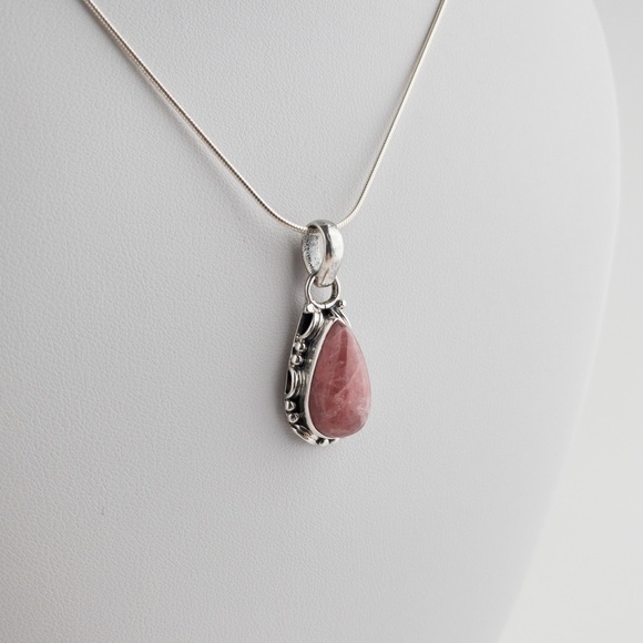 Sterling Silver Pink Rhodochrosite Teardrop Pendant Chain Necklace Inca Rose 925 - Picture 6 of 9
